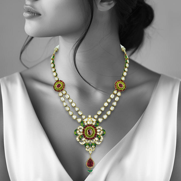 Double-String Polki Necklace with Enamel Flowers and Rhodolite